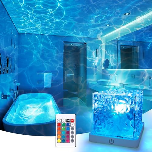 Rechargeable Shower Light No Wiring, 16 Color Changeable Ocean Wave Projector Light, Dimmable Waterproof Shower Lamp with Remote, Rotating Flame Water Ripple Lamp for Shower, Bathroom, Bedroom Decor | Amazon (US)