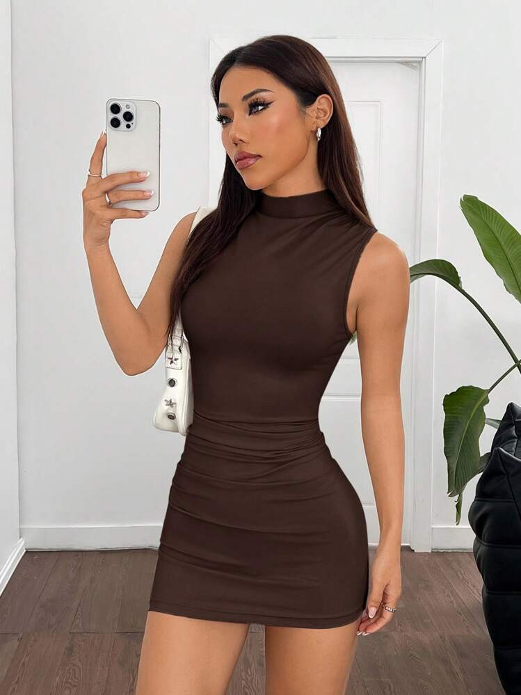 SHEIN EZwear Women's New Solid Color Stand Collar Mini Dress,Rave Outfits Festival,Summer Dresses For Women | SHEIN