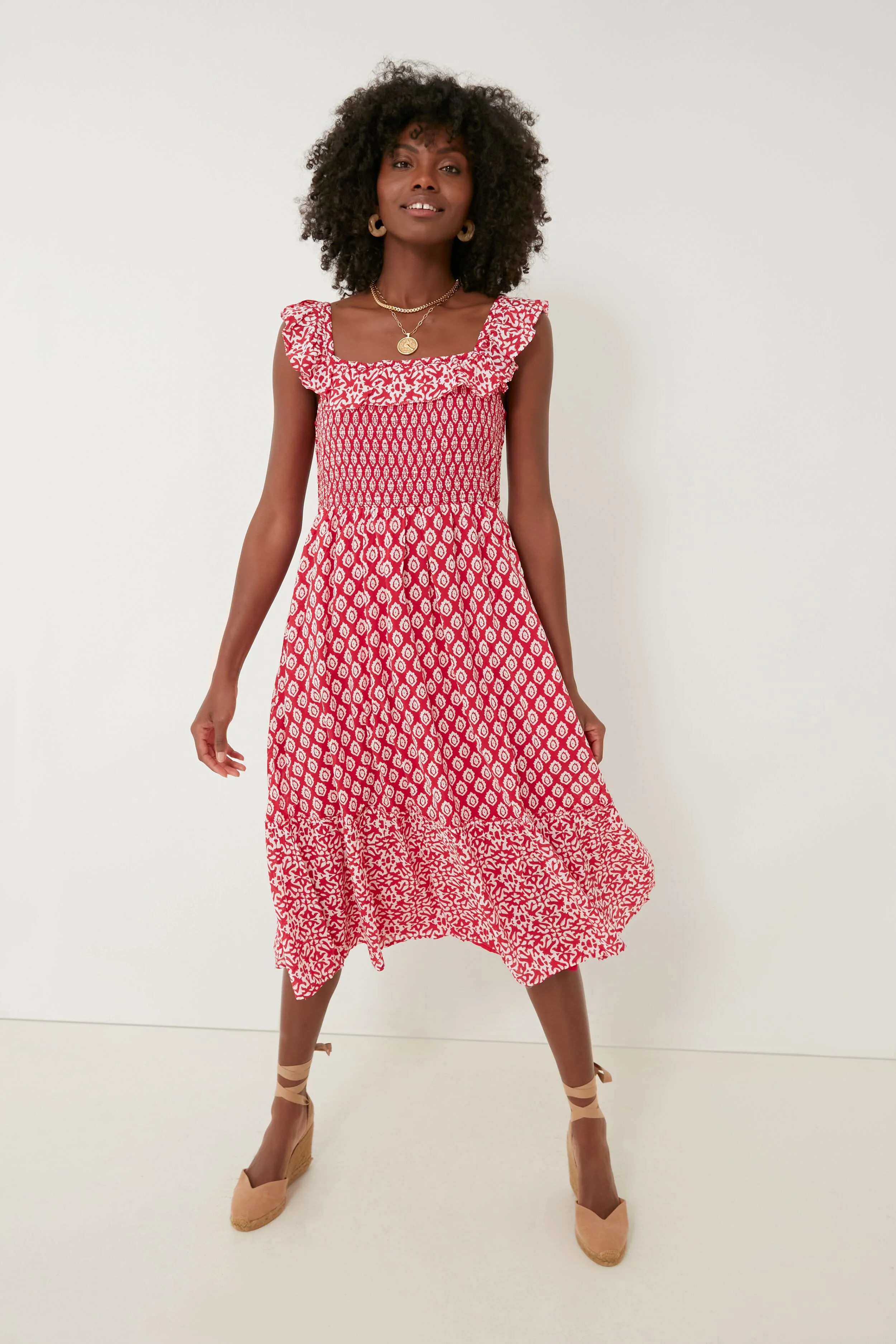 Red Tile Smocked Midi Dress | Tuckernuck (US)