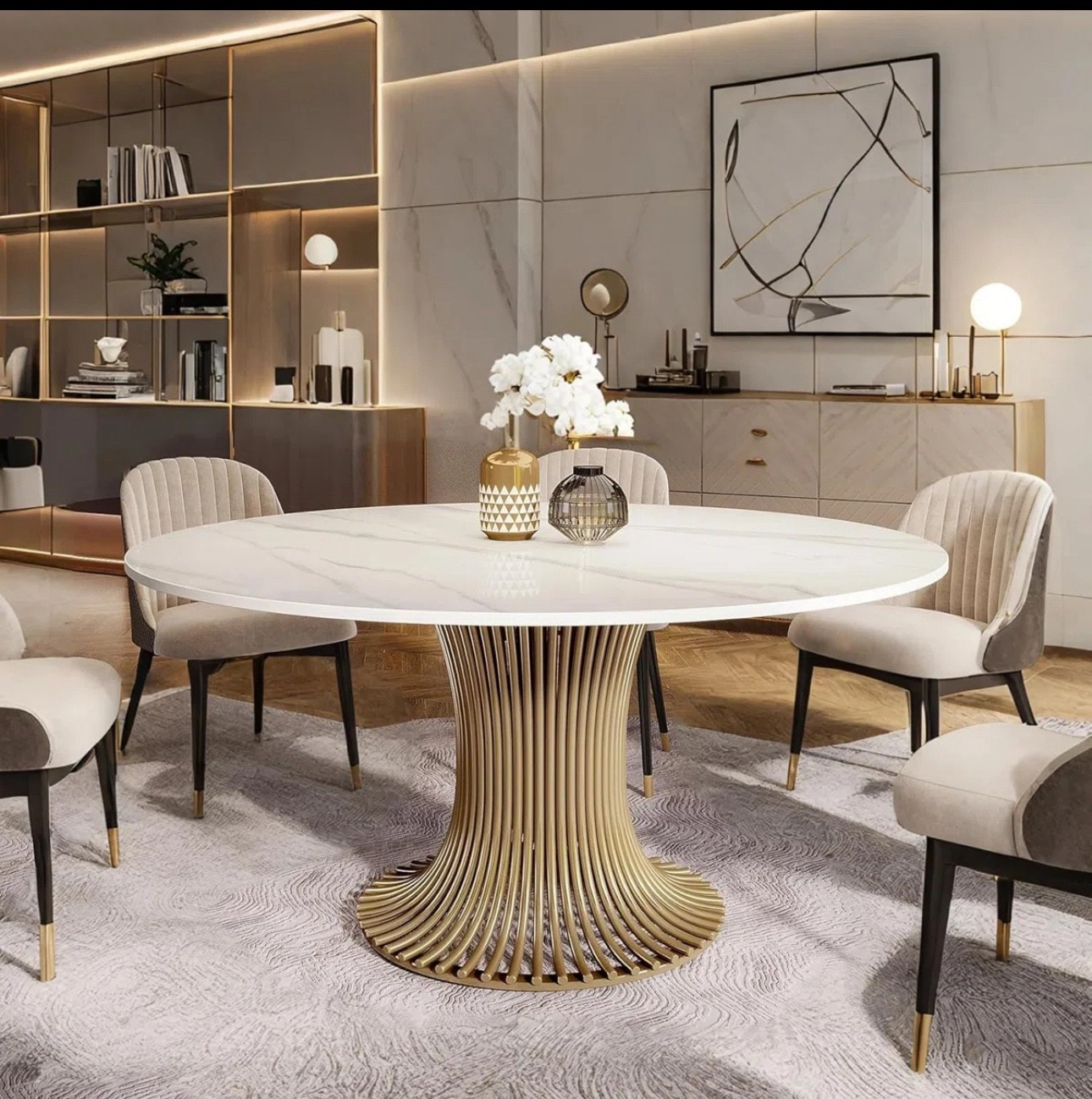 Modern 59 inch stone round dining table with gold pedestal. Seats up to 6 ppl. 

#LTKHome