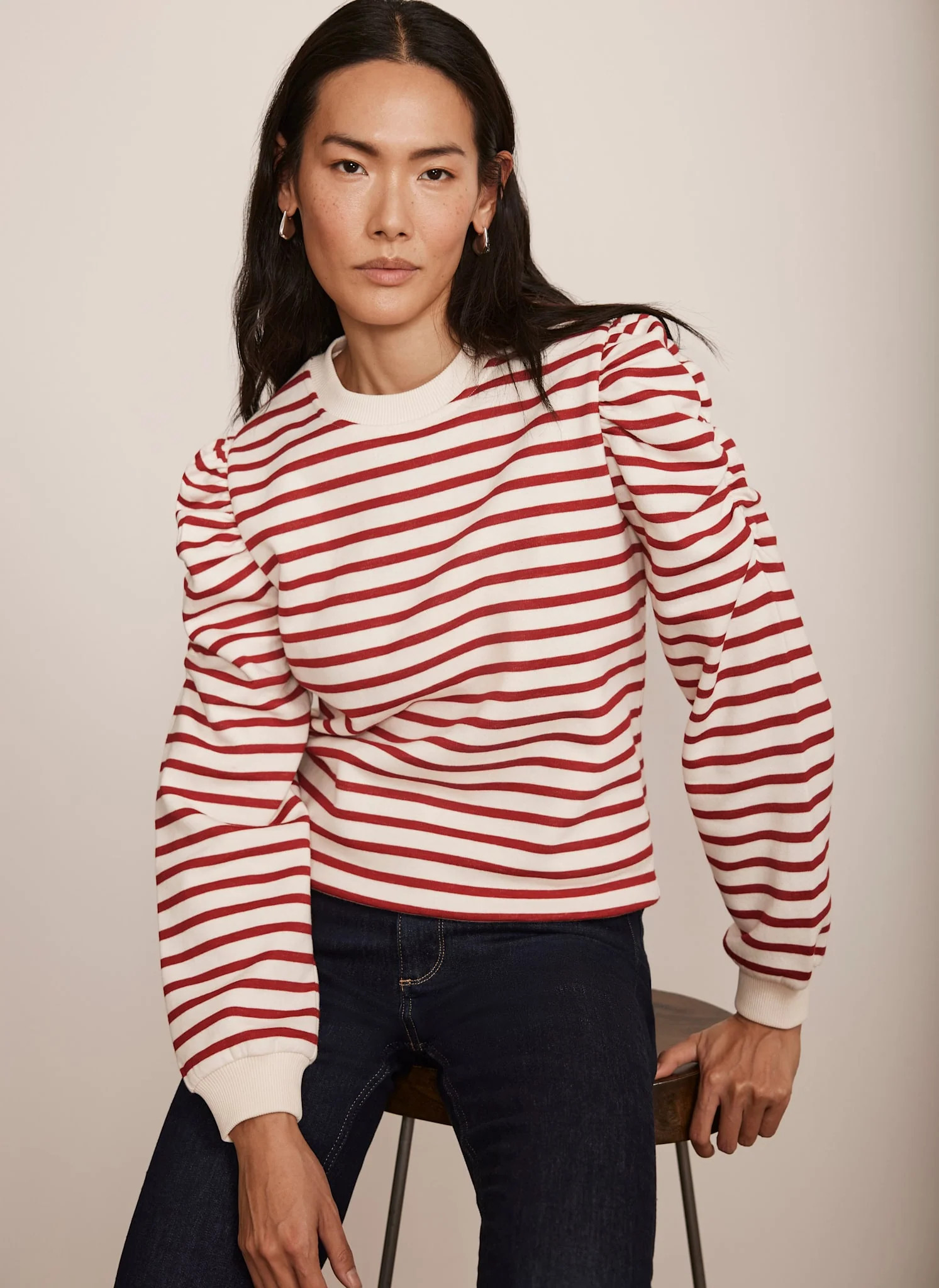 Red Striped Ruched Shoulder Sweatshirt | Mint Velvet