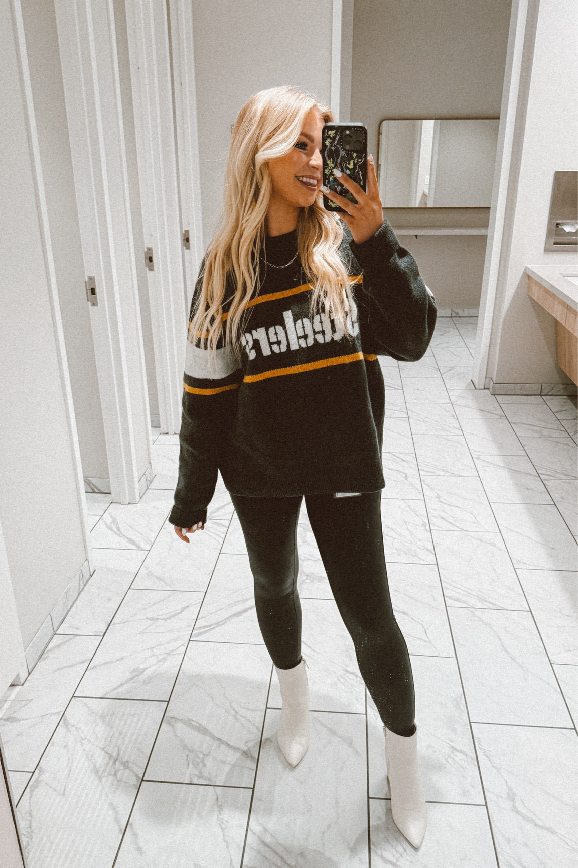 Steelers sweater outfit for the office 

Sweater: size medium 
Leggings: small 

#LTKSeasonal #LTKStyleTip #LTKFindsUnder100