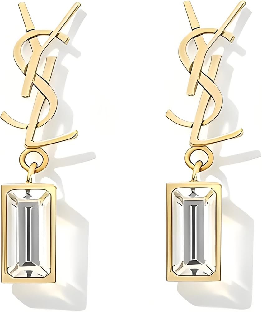 Gold Crystal Drop Earrings, Luxury Letter Design with Rectangular Crystal Pendant, Fashion Statem... | Amazon (US)