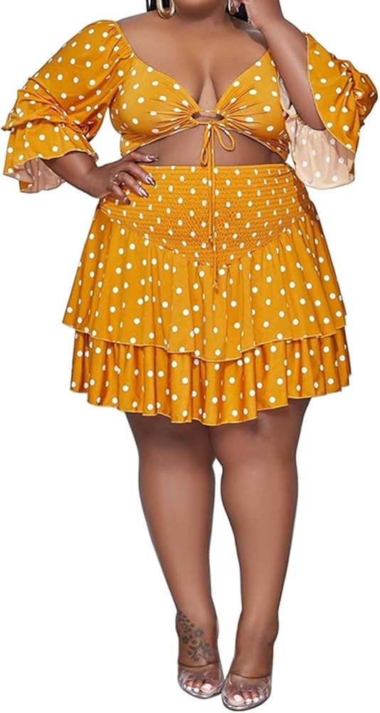 Women's Plus Size Two Piece Outfit Short Sleeve Tie Knot Crop Top High Waist Ruffle Skirt Party B... | Amazon (US)