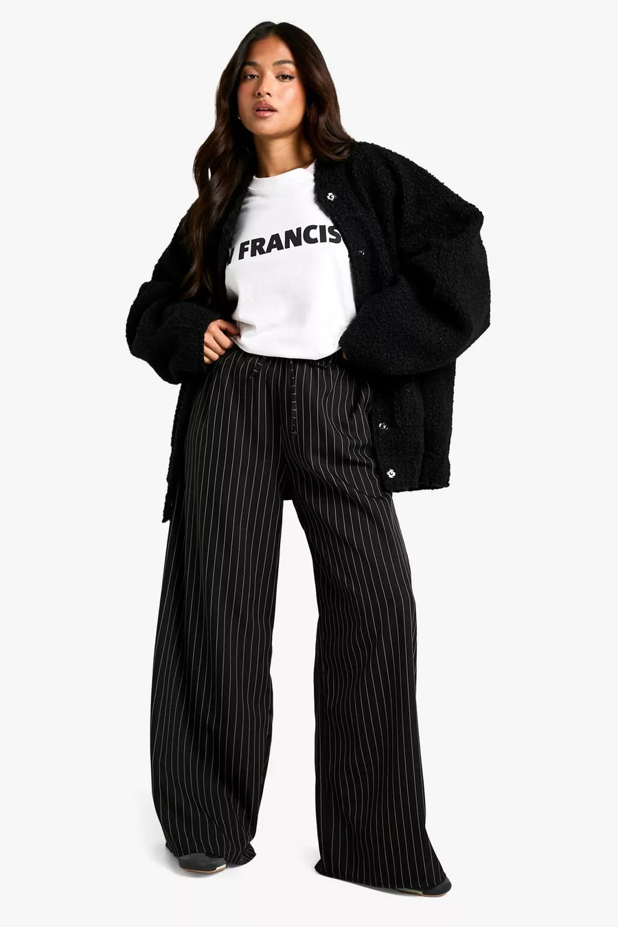 Petite - Pantalon large à rayures et cordon de serrage | Boohoo.com (FR)