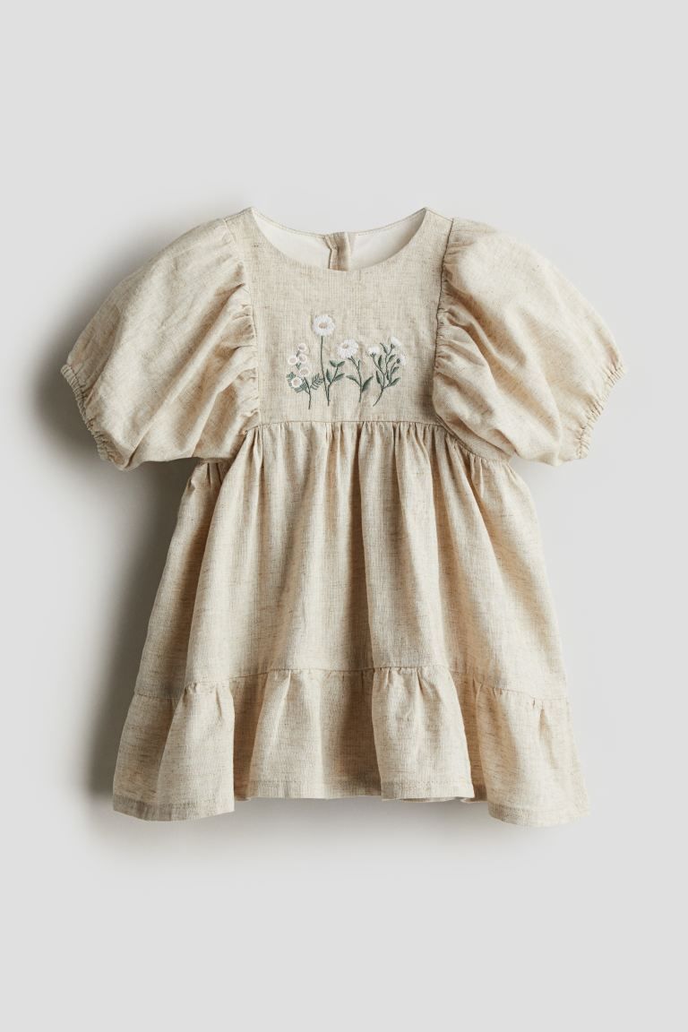 Linen-blend Dress - Light beige/flowers - Kids | H&M US | H&M (US + CA)