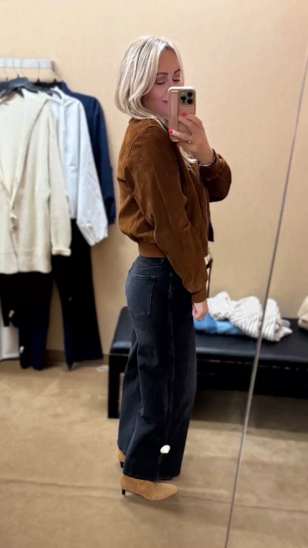 On trend fall outfit - A best seller! This suede bomber is GORG! Came home! 🤎 Jeans are almost 40% off going quick! 

Jacket runs small - size up one. I did 6
Jeans, TTS. 
Heels, TTS. 

Fall outfit. Suede jacket. Outerwear. Jeans. Denim.

#LTKSaleAlert #LTKStyleTip #LTKSeasonal