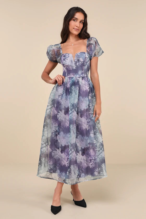 Lovely Statement Purple Floral Organza Tie-Back Midi Dress | Lulus