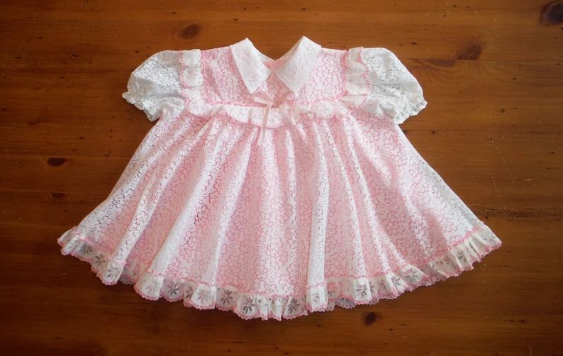 Mod Vintage Pink & White Baby Dress - Groovy '70's Lace Ruffled Newborn 0-6 Months Infant Dress -... | Etsy (US)