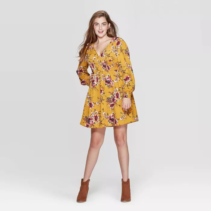 Women's Floral Print Long Sleeve V-Neck Smocked Waist Mini Dress - Xhilaration™ Mustard | Target