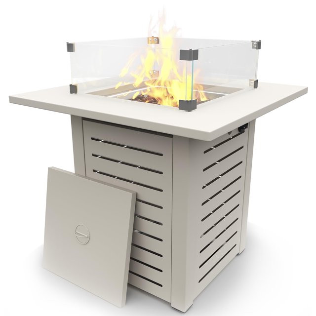 MBY 28" Fire Pit Table, 50,000 BTU Steel Gas Firepit with Lid and Glass Wind Guard, Beige | Walmart (US)