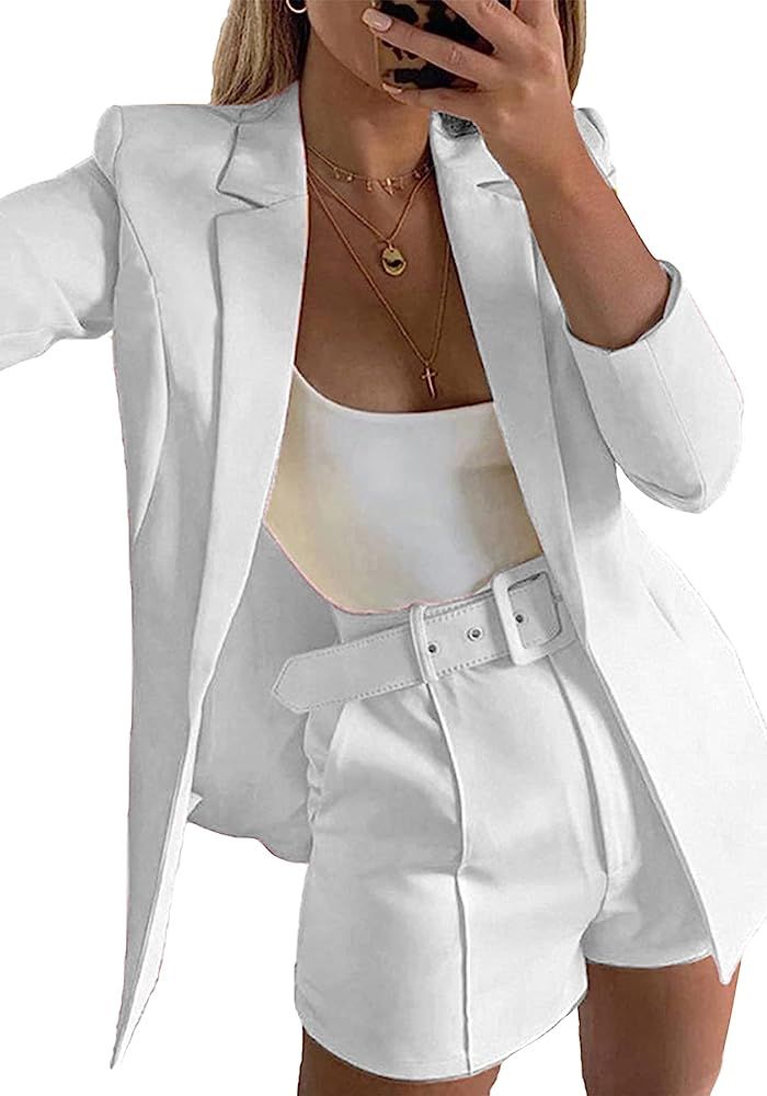 2 Piece Outfits for Women Long Sleeve Solid Open Front Blazer Shorts with Belt Casual Elegant Busine | Amazon (US)