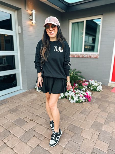 Nike oversized sweatshirt 
Tennis skirt
Has built in shorts
Nike dunk low 
Spring break outfit 
summer casual outfit
Vacation outfit 

#LTKSeasonal #LTKshoecrush #LTKover40