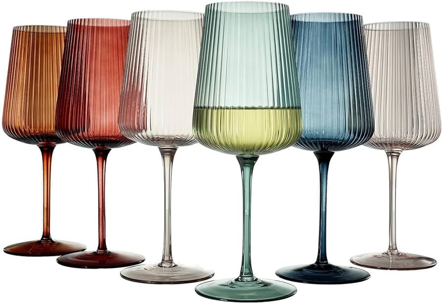 Ripple Colored Wine Glasses - Set of 6 Ribbed Crystal Fluted Big Long Stemmed Glasses Gift Hostin... | Amazon (US)