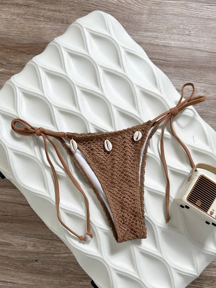 Swim Vcay Spring Solid Side Tie Shell Decor Women Beach Vacation Casual Swimwear Bottom | SHEIN