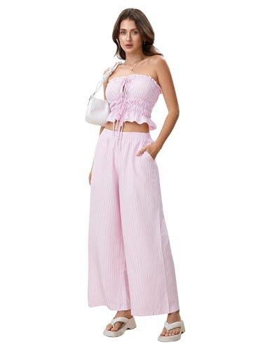 WDIRARA Women's 2 Piece Set Striped Strapless Bandeau Wide Leg Pants Pants Outfits Pink White X-Small | Amazon (US)