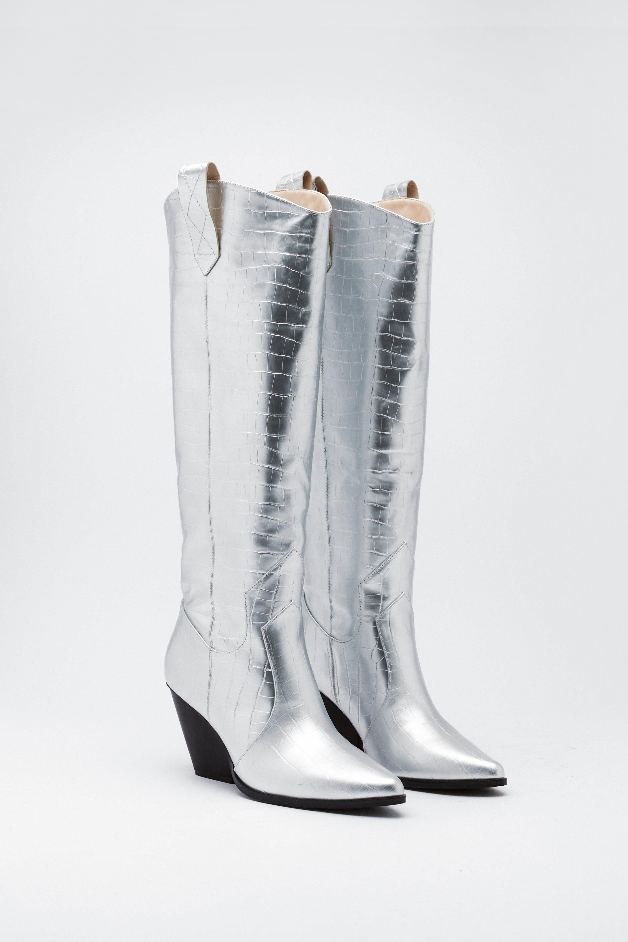 Faux Croc Knee High Western Boots | Nasty Gal (US)