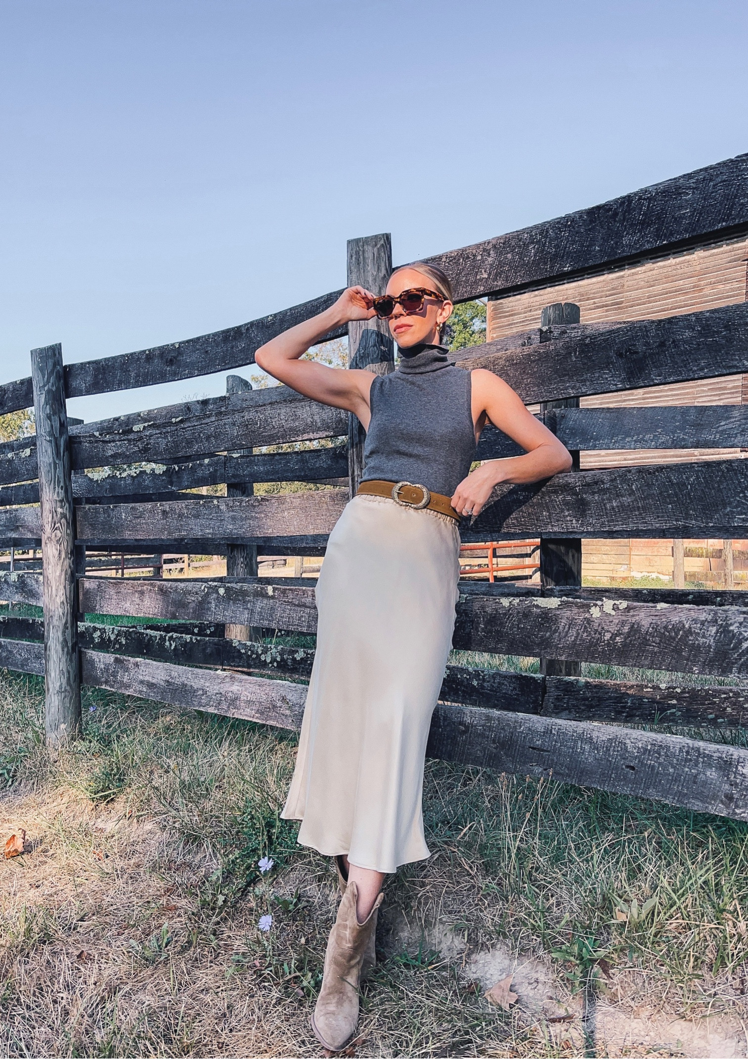 Pre fall, sleeveless turtleneck sweater, silk skirt, western style, western boots 

#LTKstyletip #LTKshoecrush #LTKunder100