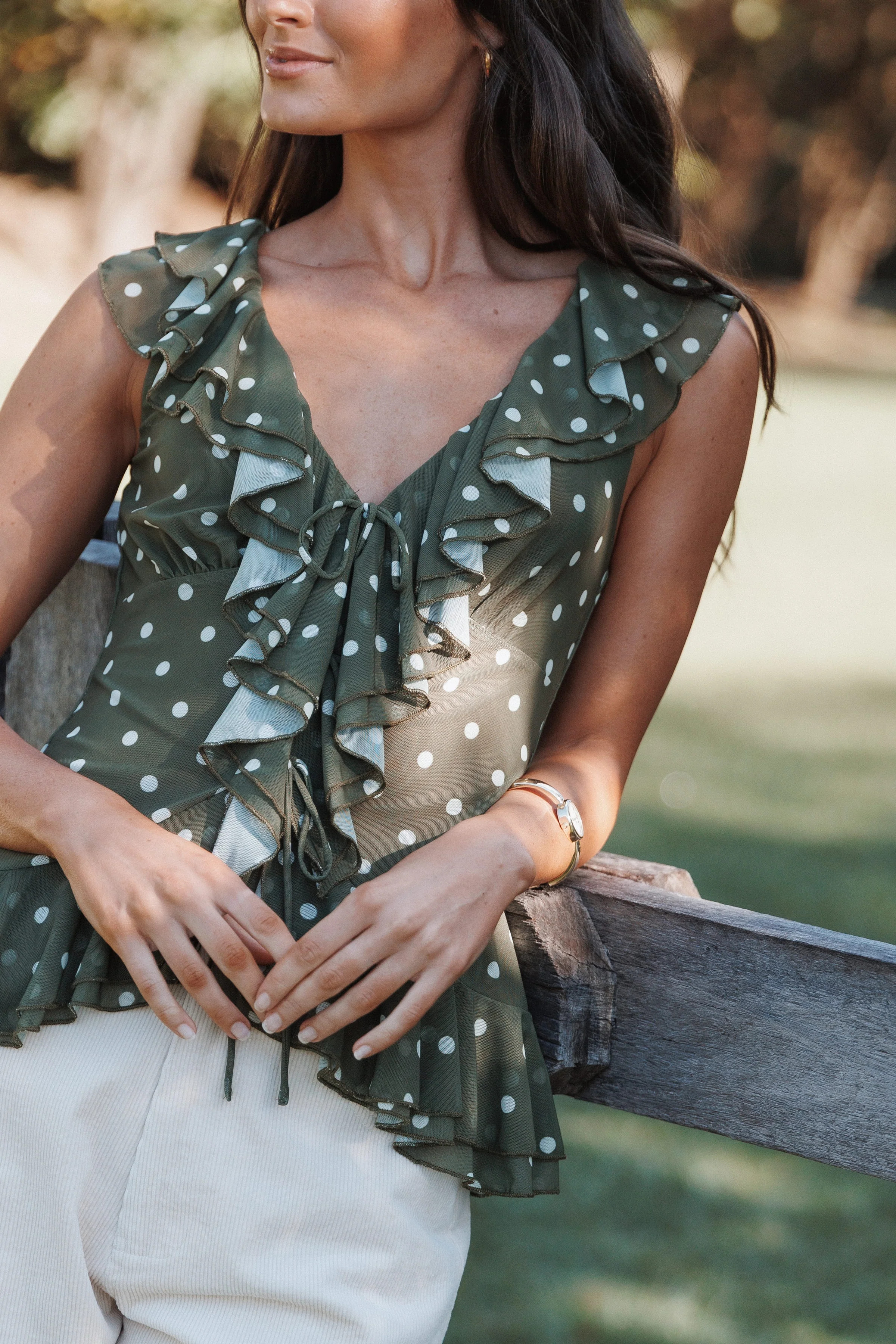 Orelia Ruffle Front Top - Olive Green Polka Dot | Petal & Pup (US)