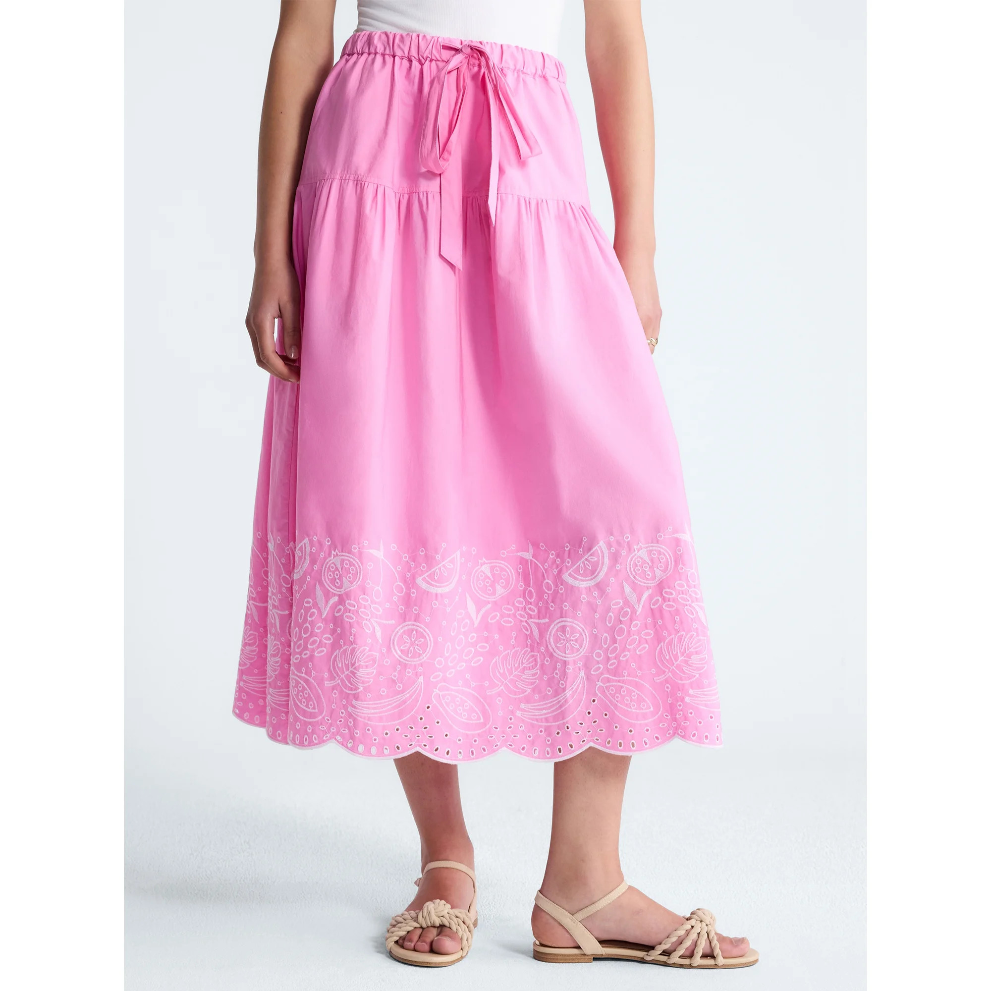 Free Assembly Women's Tie Waist Embroidered Cotton Midi Skirt, Sizes XS-XXL | Walmart (US)