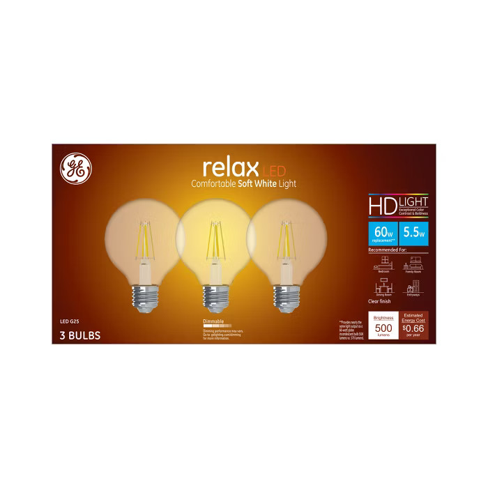 General Electric 3pk 60W Ca Relax LED Light Bulb SW G25 Globe Clear | Target