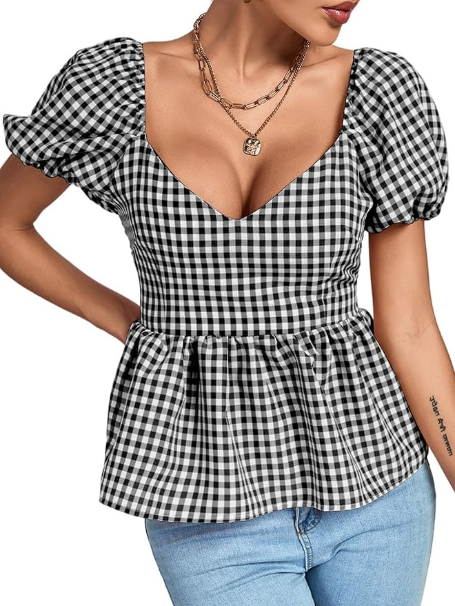 LYANER Women's V Neck Ruffle Hem Shirred Back Puff Short Sleeve Peplum Top Blouse | Amazon (US)