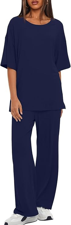 Darong Women's Two Piece Outfits Sets Loose Short Sleeve Side Slit Top Wide Leg Pants Lounge Sets... | Amazon (US)