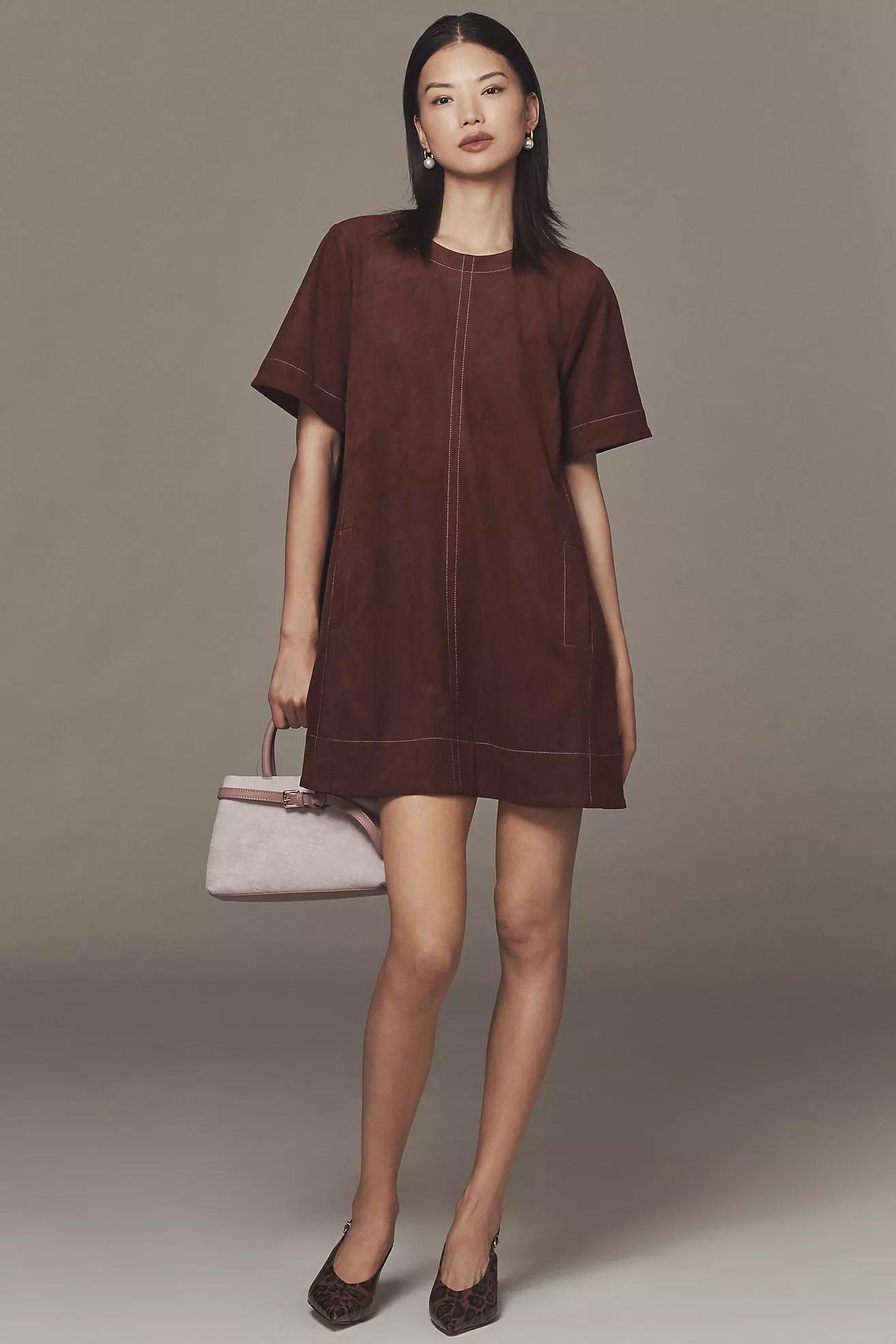 The Emmy Faux-Suede Short-Sleeve Mini Swing Dress by Maeve | Anthropologie (US)