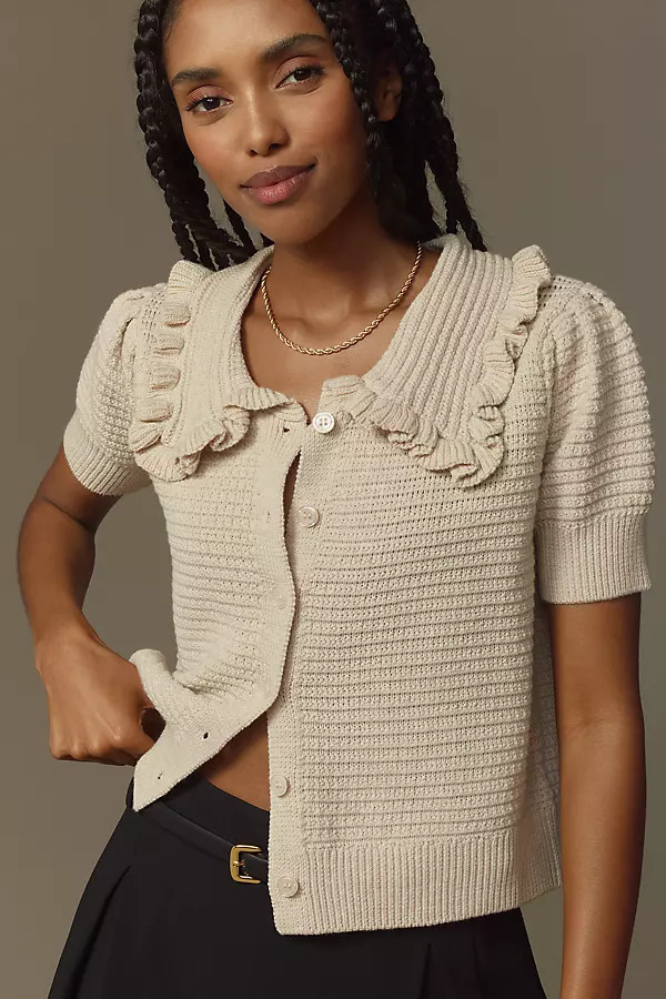 The Ainsley Ruffle-Collar Cardigan Sweater by Self Contrast: Short-Sleeve Edition | Anthropologie (US)