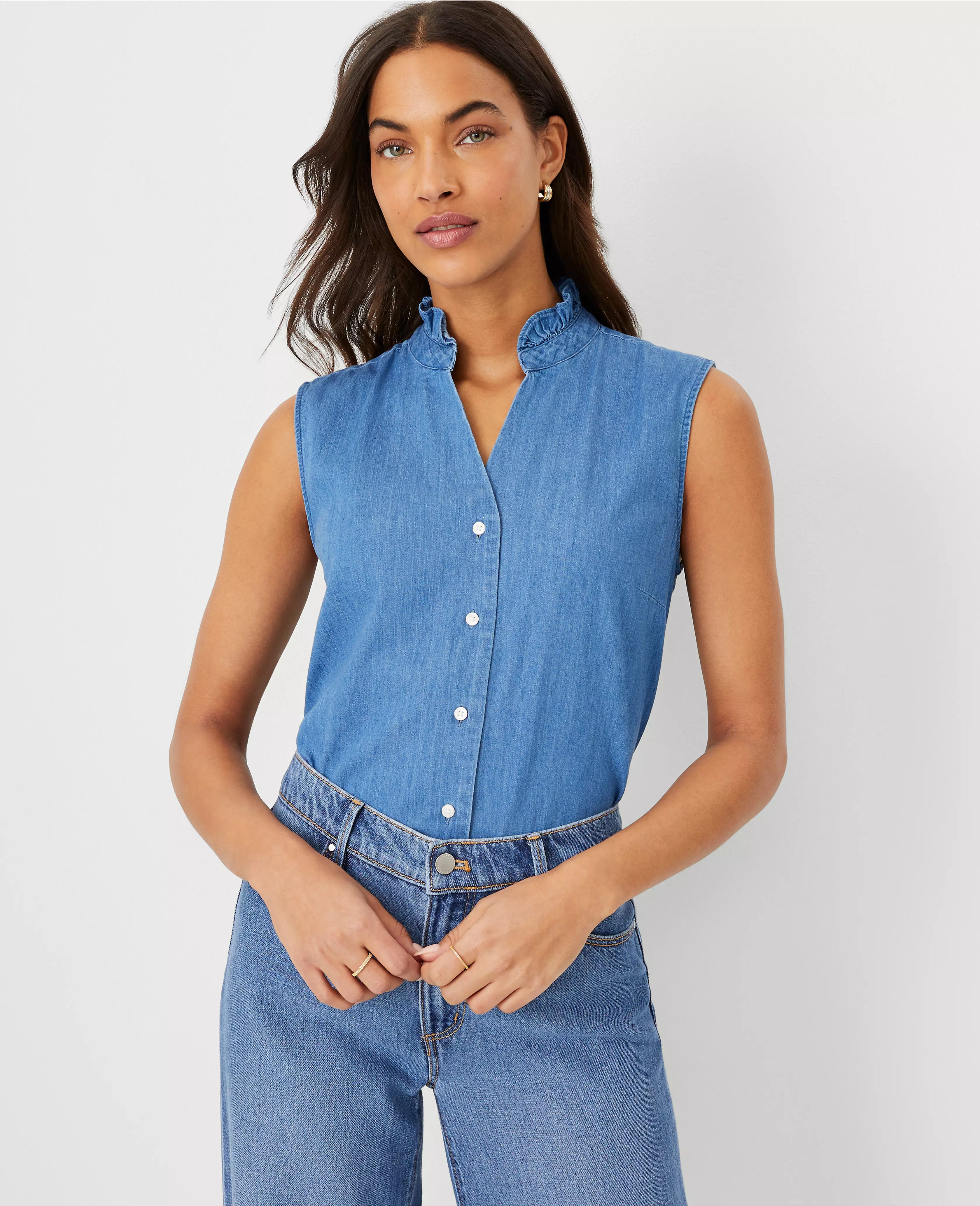 Petite Chambray Ruffle Button Sleeveless Top | Ann Taylor (US)