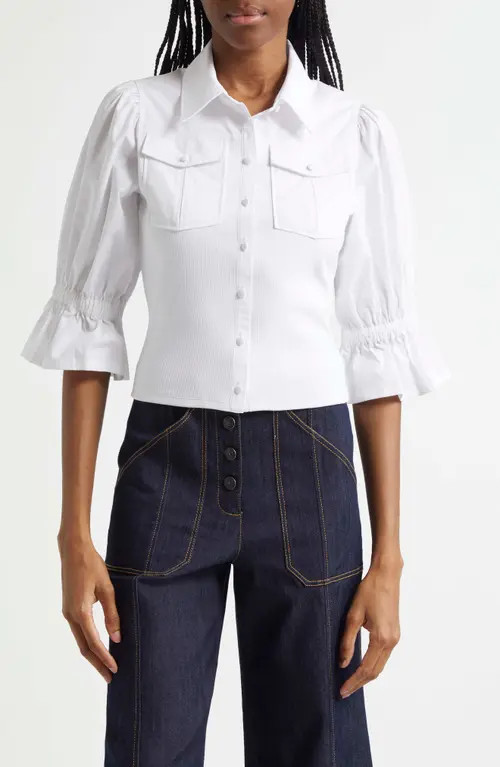 Cinq à Sept Lyric Mixed Media Stretch Cotton Button-Up Shirt in White at Nordstrom, Size Medium | Nordstrom