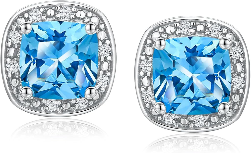 DAYBYDAY Birthstone Earrings for Women 925 Sterling Silver Halo Stud Earrings, Small Round/Cushio... | Amazon (US)