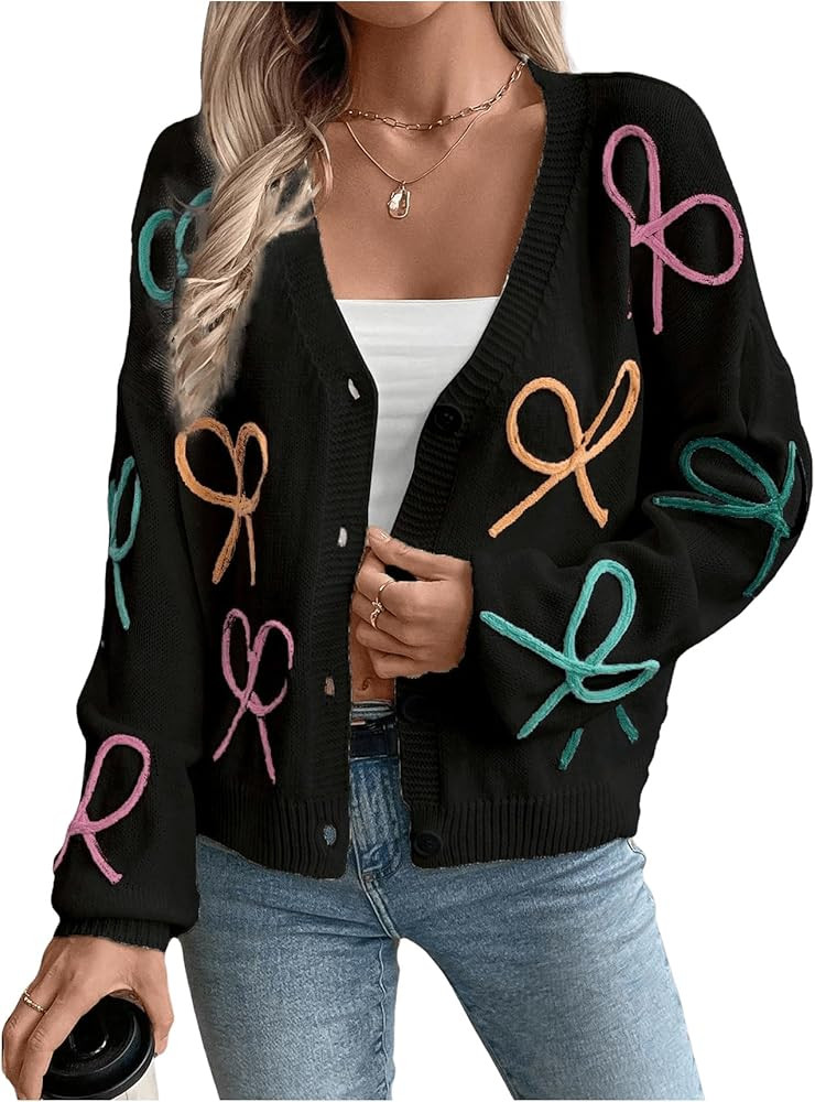 WDIRARA Women's Bow Button Down Cardigan V Neck Long Sleeve Drop Shoulder Knit Sweater | Amazon (US)