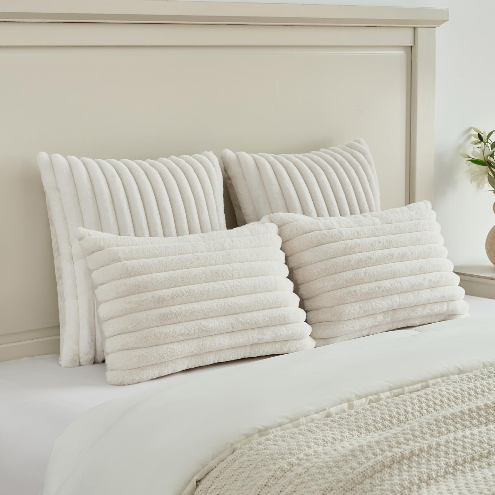 FUTEI Cream Throw Pillow Covers Set of 2, 18x18 Inch Soft Faux Rabbit Fur Striped Texture Cushion... | Amazon (US)