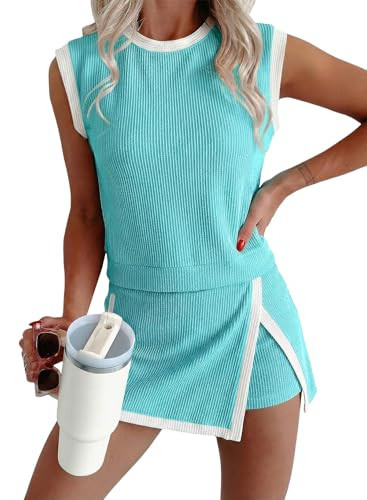 EVALESS 2 Piece Sets for Women Summer Matching Athletic Lounge Outfits Ribbed Knit Tank Top and Elastic Waist Split Lined Skirt 2026 Spring Fashion Womens Two Piece Workout Casual Set Blue X-Large | Amazon (US)