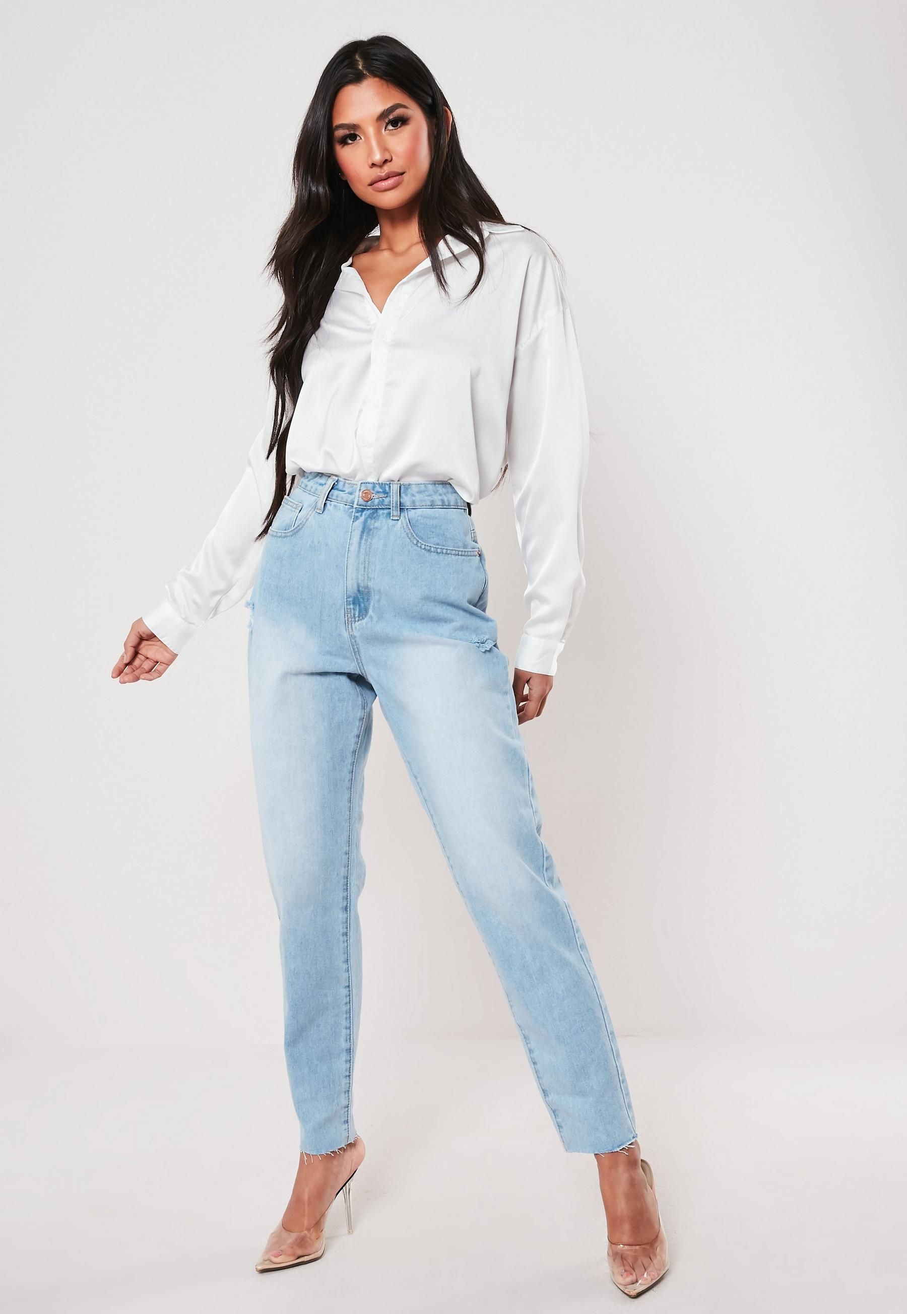Light Blue Riot Highwaisted Distressed Mom Jeans | Missguided (UK & IE)