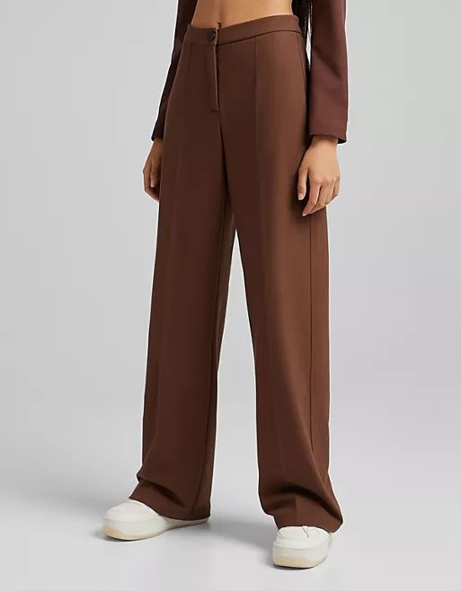 Bershka wide leg slouchy dad tailored pants in brown | ASOS (Global)