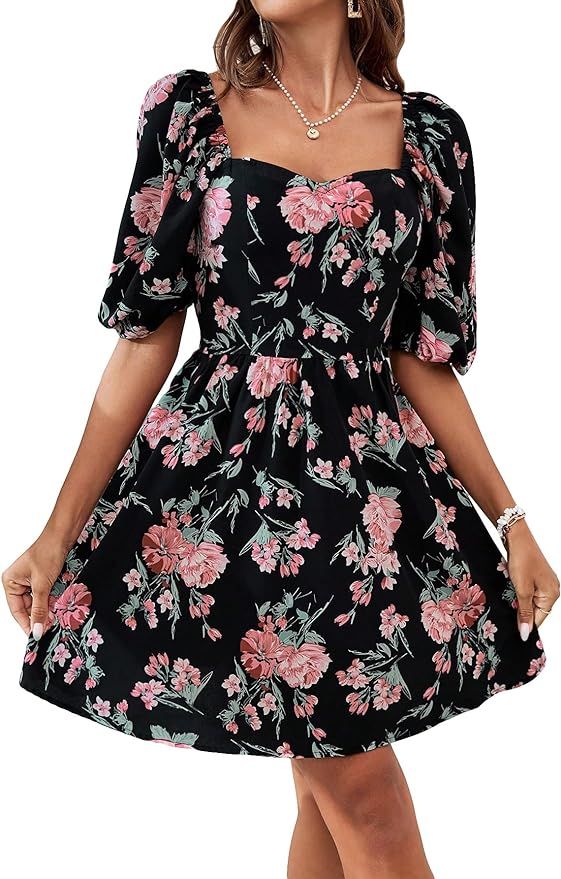 SweatyRocks Women's Floral Print Sweetheart Neck Mini Dress Short Puff Sleeve A Line Dresses | Amazon (US)
