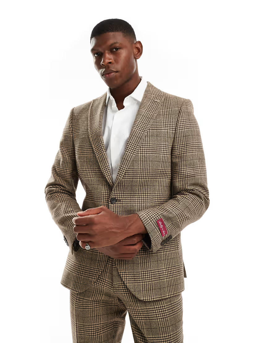 Shelby and Sons double breasted tweed slim blazer in brown check - part of a set | ASOS (Global)