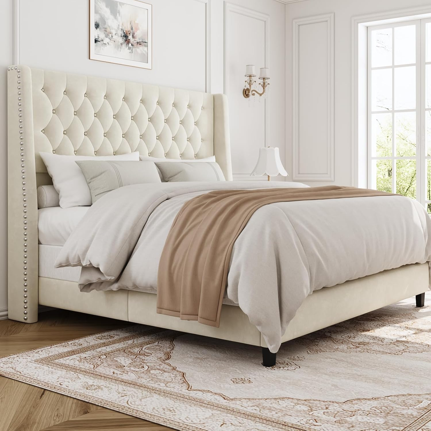 Queen Upholstered Bed Frame, 55.4'' Tall Headboard with Wingback | Amazon (US)