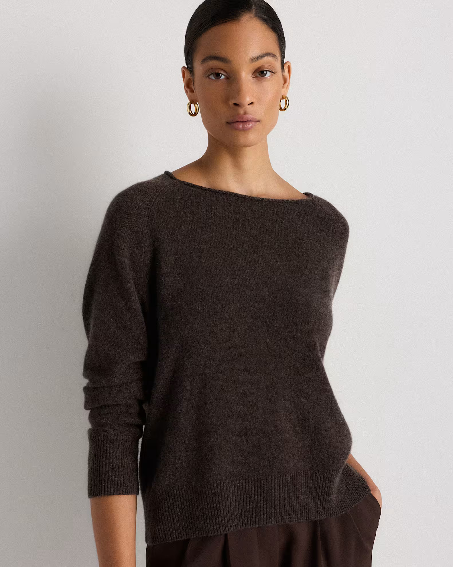 Mongolian Cashmere Boatneck Sweater in Heather Truffle Brown | Quince