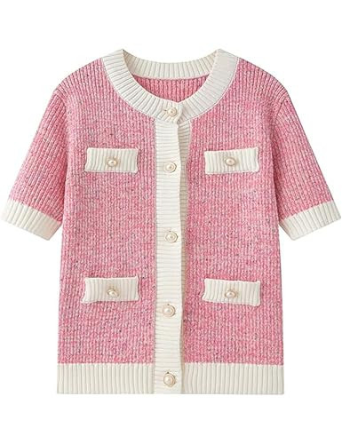 TUREAU Women's Short Sleeve Button Down Cardigans Sweater Crew Neck Open Front Cardigans Elegant Tops Boucle Jackets(L,Pink) | Amazon (US)