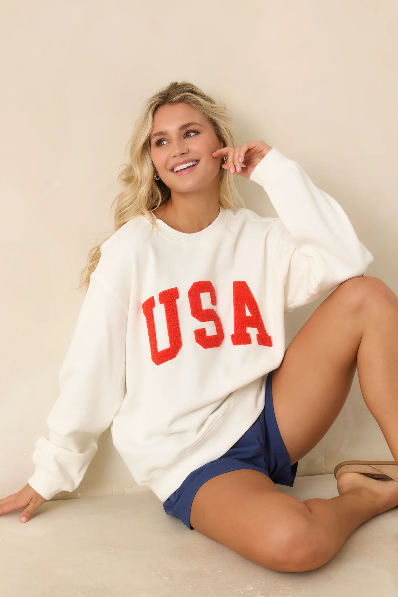 Z Supply USA Ivory Cotton Boyfriend Sweatshirt | Red Dress