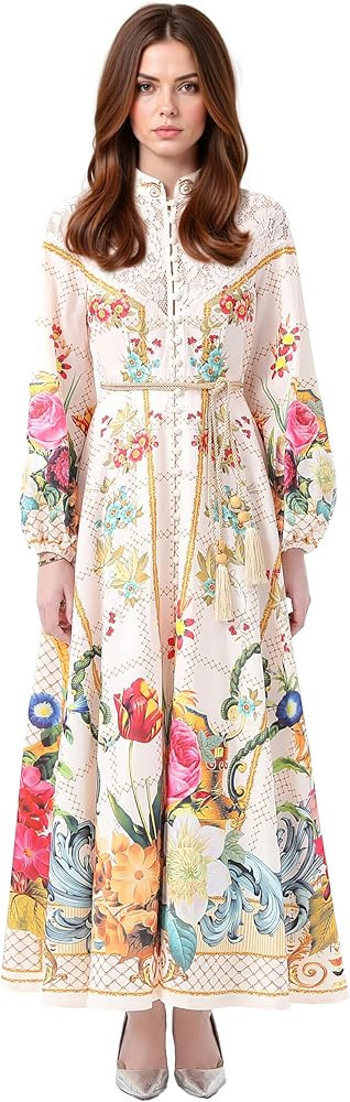 LAI MENG FIVE CATS Women's Puff Sleeve Lace Patchwork Floral Print Tied Retro Maxi Dress | Amazon (US)
