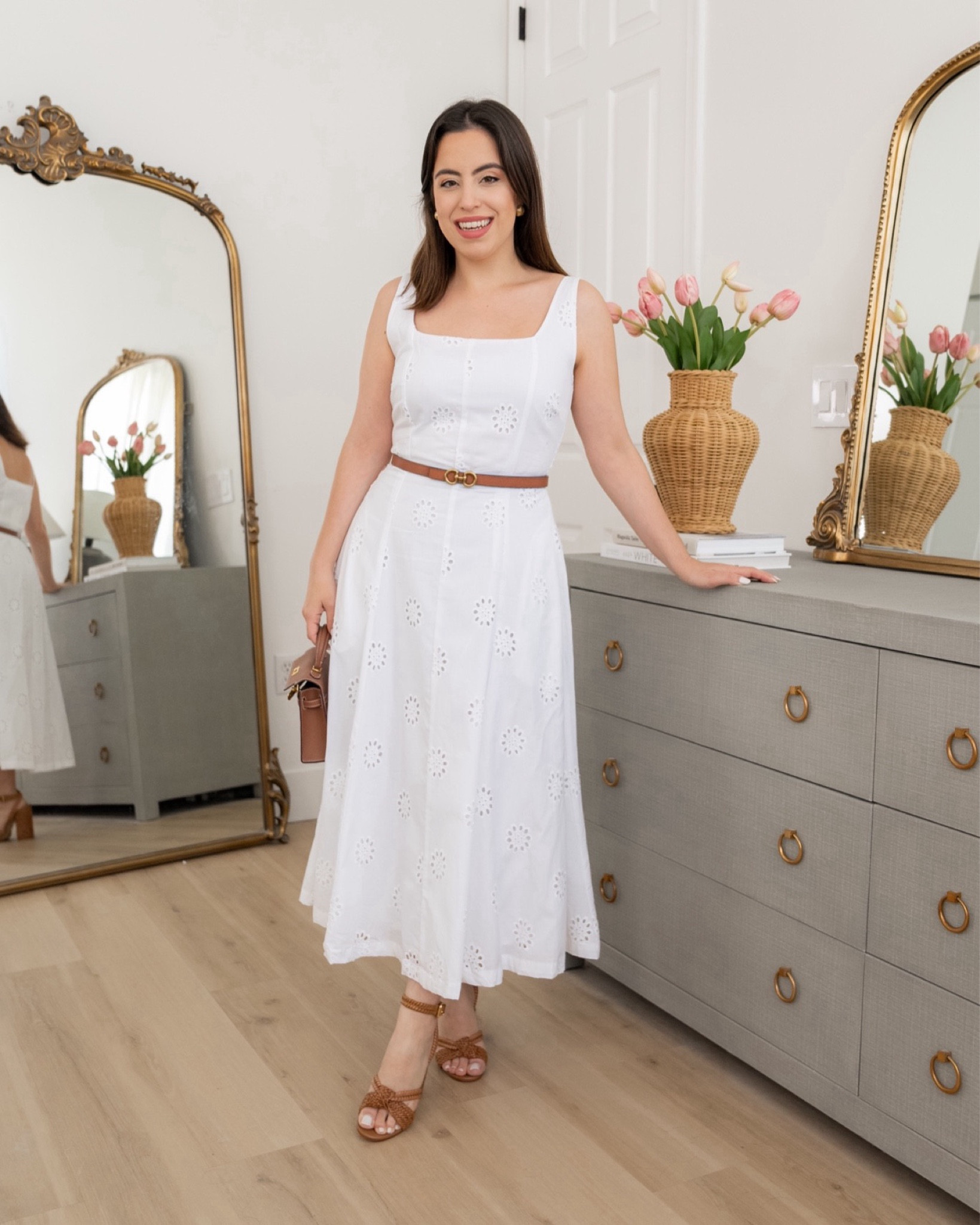 Effortlessly pull off this chic eyelet midi dress for Summer! I'm wearing size XS. It also comes in red and black.
#outfitidea #summerfashion #classiclook #partydress

#LTKSeasonal #LTKParties #LTKStyleTip