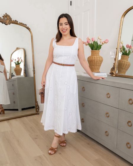 Effortlessly pull off this chic eyelet midi dress for Summer! I'm wearing size XS. It also comes in red and black.
#outfitidea #summerfashion #classiclook #partydress

#LTKSeasonal #LTKParties #LTKStyleTip