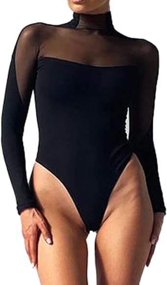 LYANER Women's Elegant Mock Neck Mesh Long sleeve Bodycon Bodysuit Leotard Top | Amazon (US)