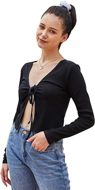 SweatyRocks Women's Tie Up Open Front Long Sleeve Crop Top T Shirt | Amazon (US)
