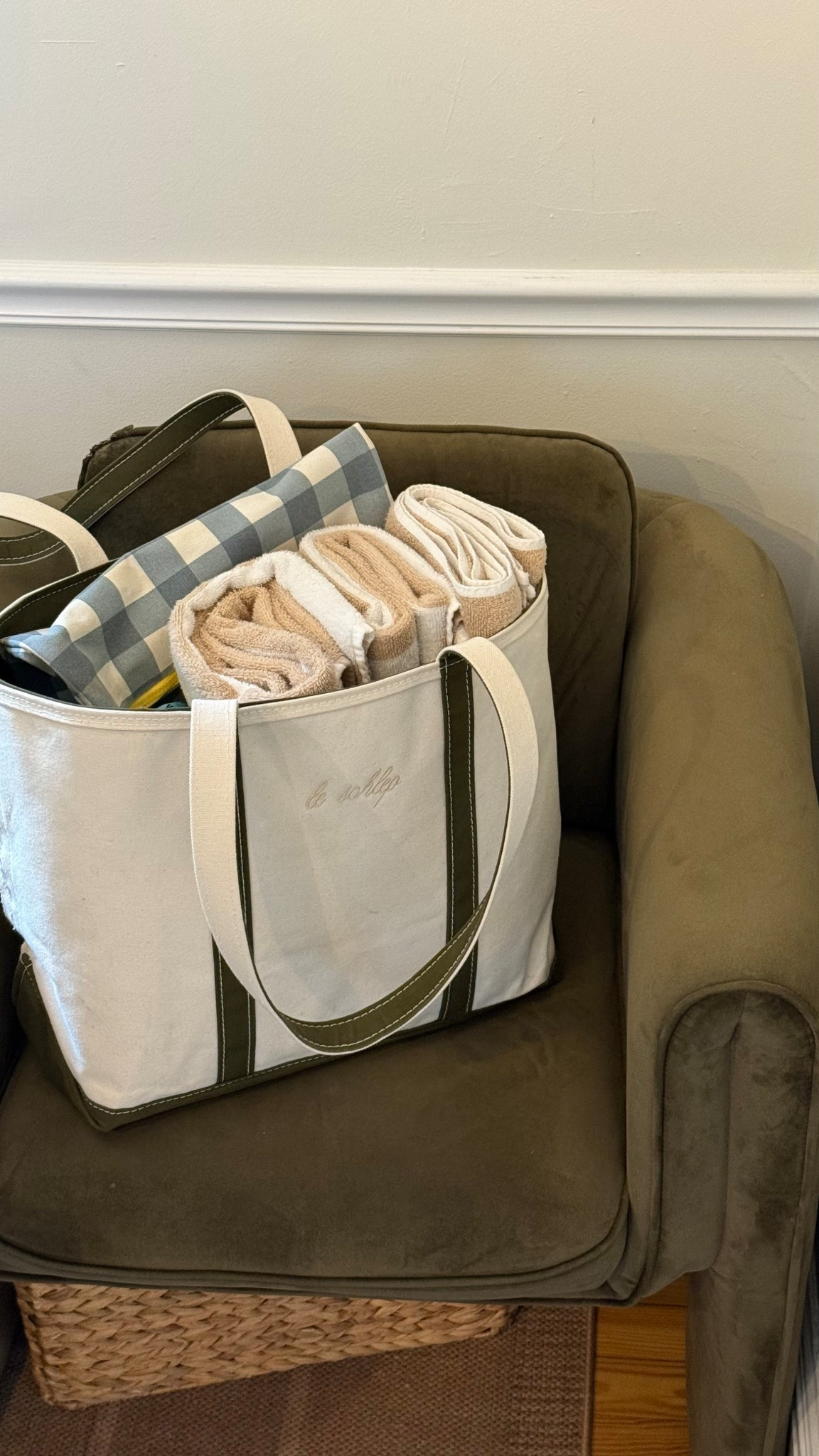 Pool bag details Ll Bean boat and tote pool bag, antique olive size large with long handles and zipper  thin script natural color letters