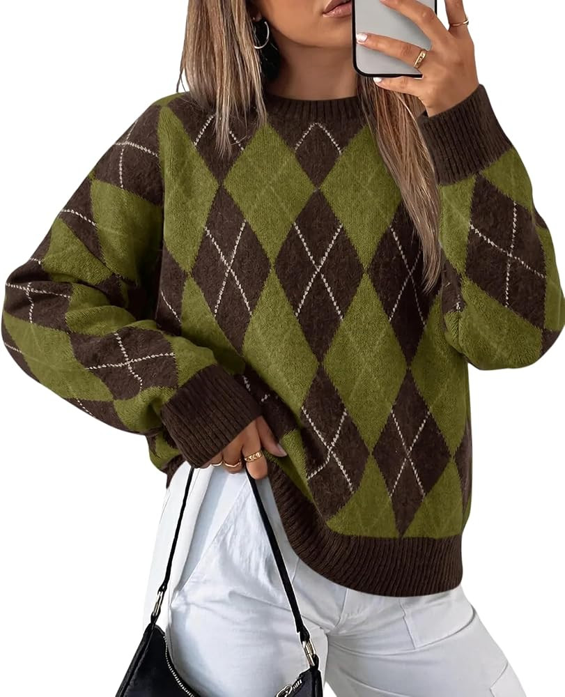 Tankaneo Womens Oversized Sweaters Long Sleeve Argyle Plaid Trendy Casual Fall Lightweight Knit P... | Amazon (US)